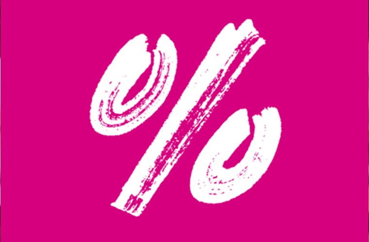Weißes Prozentzeichen auf pinkem Hintergrund.