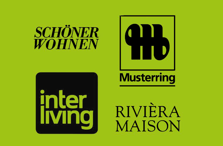Logos der Marken von Möbel Janz: SCHÖNER WOHNEN, RIVIÈRA MAISON, interliving, Musterring