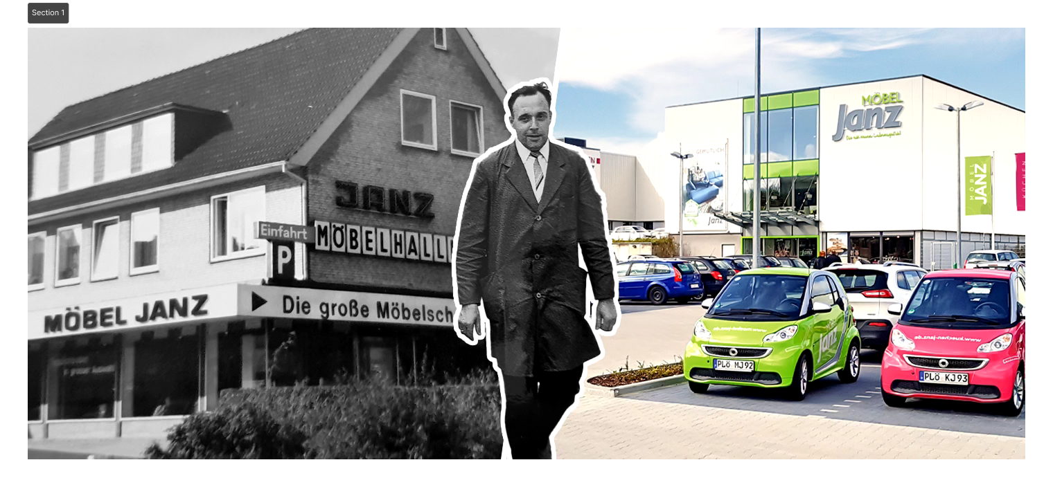 Collage mit historischem Schwarz-Weiß-Foto eines Möbelhauses und Mann im Anzug, kombiniert mit moderner Farbaufnahme desselben Standorts mit Autos und neuem Gebäude.