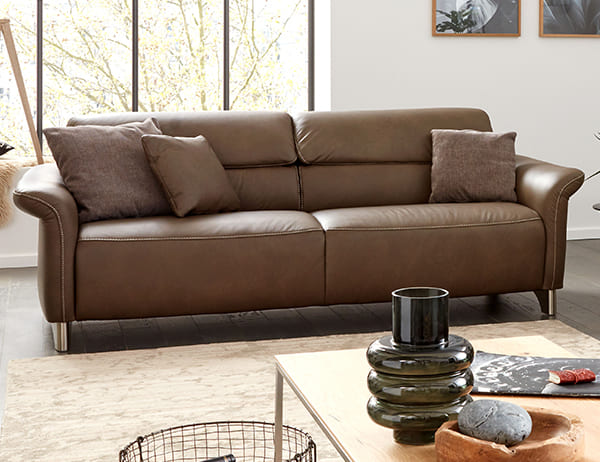 Braunes Sofa in 
hellem Raum.