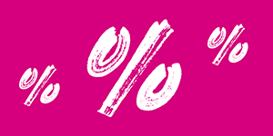 Drei weiße Rabattzeichen auf einem pinken Hintergrund.