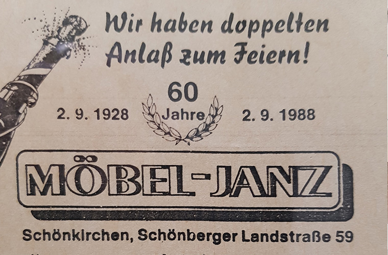 Eine alte Anzeige zum 60-jährigen Firmenjubiläum von Möbel Janz.