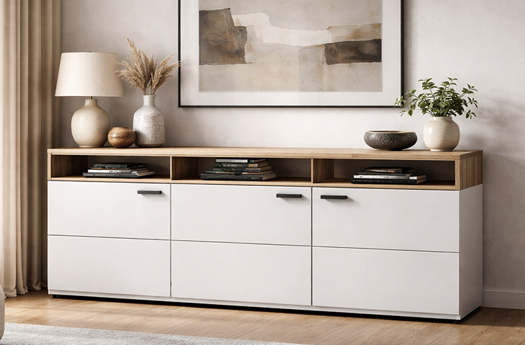 Modernes Sideboard „Randow“ in Weiß mit Holzdetails.