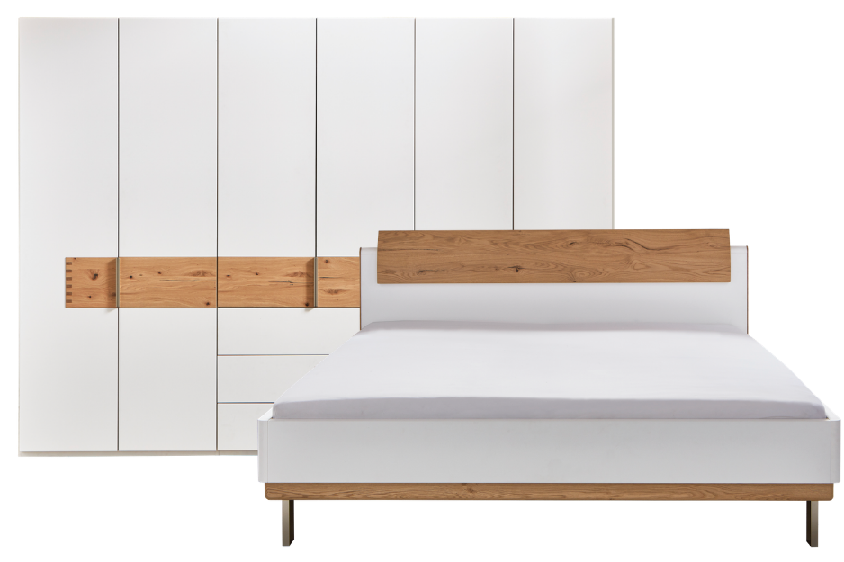 Modernes Schlafzimmer-Set mit weißem Kleiderschrank und Bett in Weiß mit Holzakzenten.