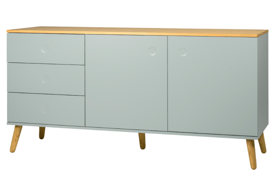 Modernes Sideboard mit grauen Fronten, Holzplatte und Holzbeinen.