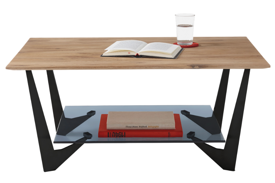 Moderner Couchtisch mit Holzplatte und schwarzem Metallgestell, darauf ein offenes Buch und ein Glas Wasser.
